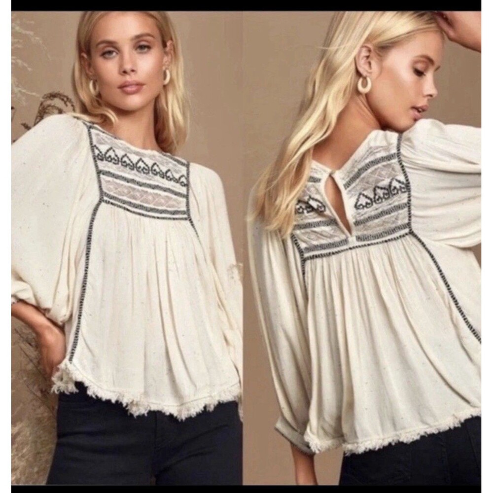 Free People Cyprus Avenue Embroidery Peasant Blouse Ivory Balloon Sleeve Size XS - Picture 1 of 13